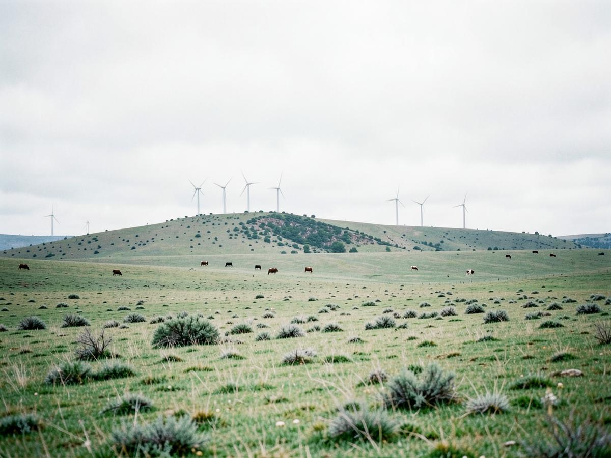 Open ranch grassland with grazing cattle and distant wind turbines