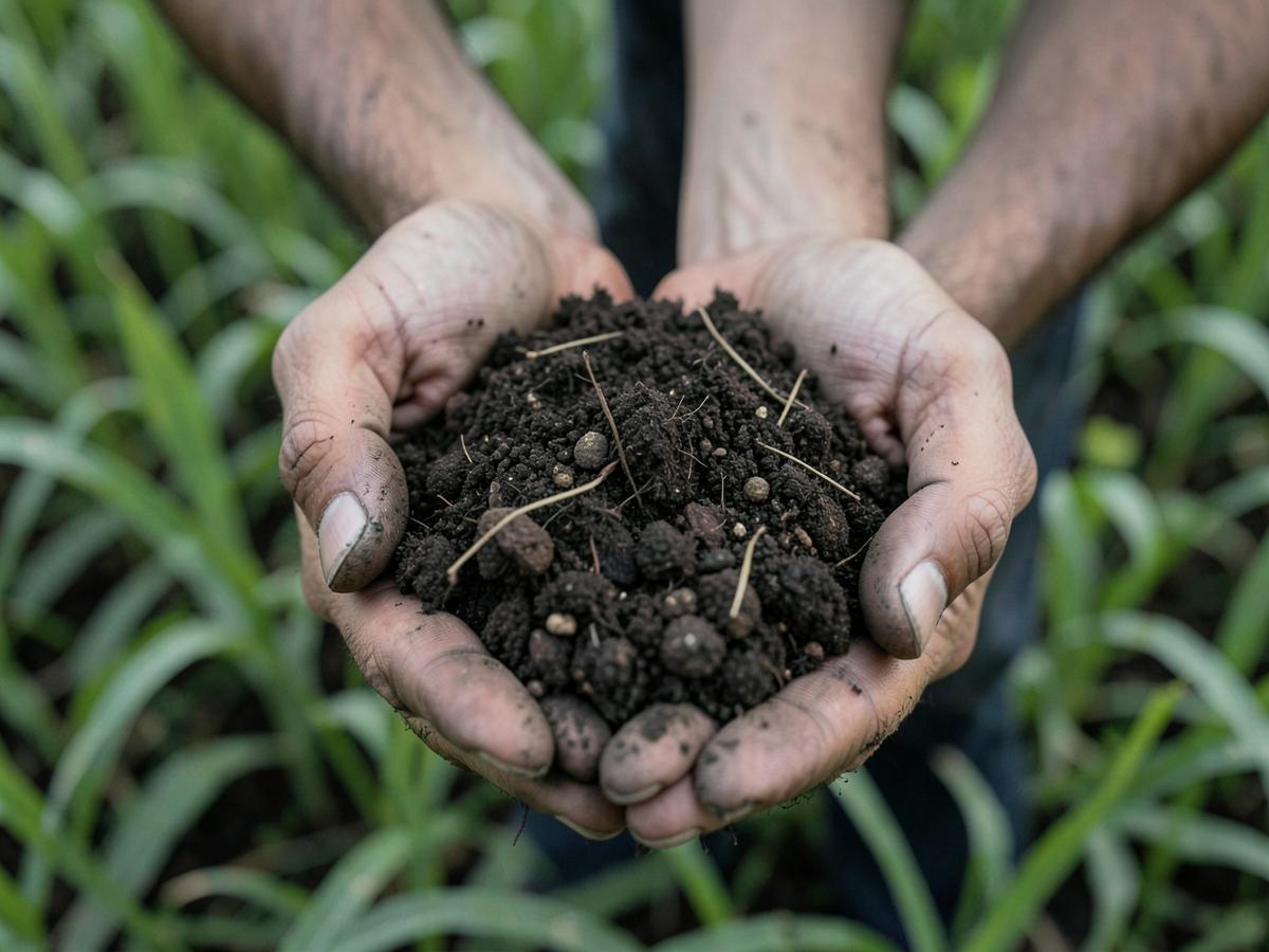 Hands holding rich dark soil above a green field